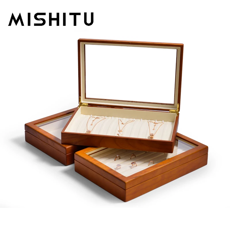 Mishitu retro drevené šperky úložná skrinka pre náhrdelník prívesok prsteň náušnice náramok náramok s priehľadným šperkom displej krabice