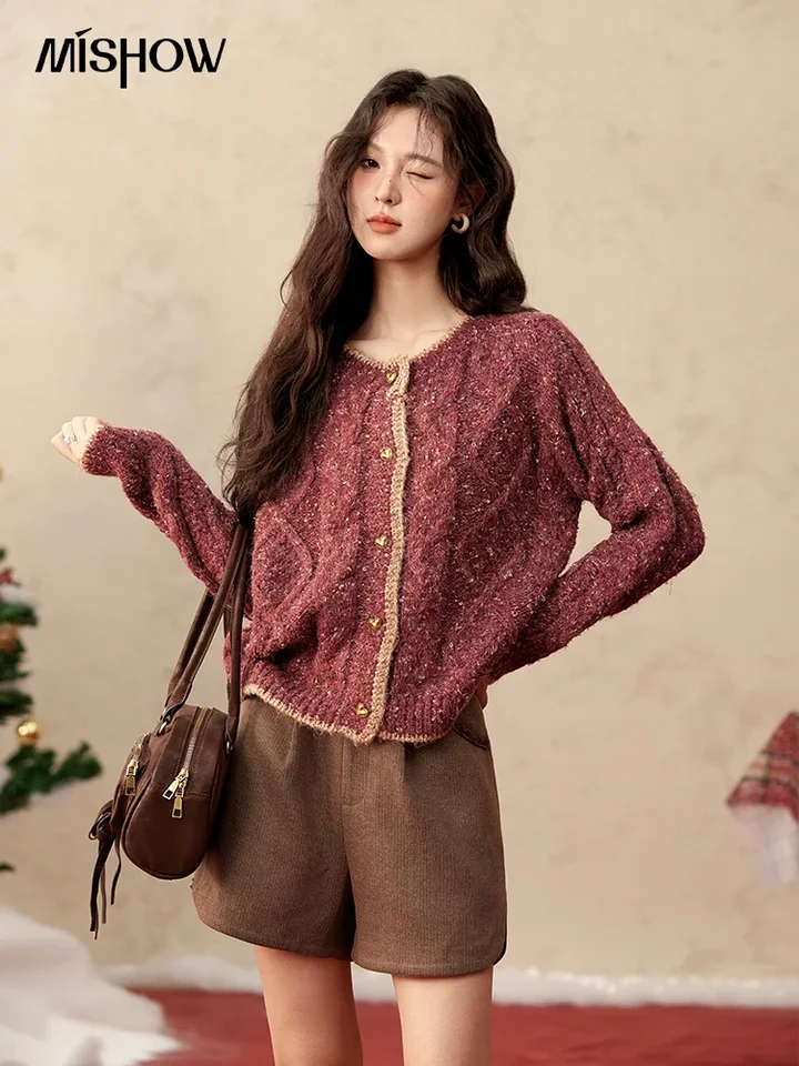 Mishow Wine Red Cardigan Ženy 2025 Jeseň Zimná zima Nový módny sveter s dlhým rukávom, bunda voľný okrúhly krk vrcholy, ženské MXD56Z0972