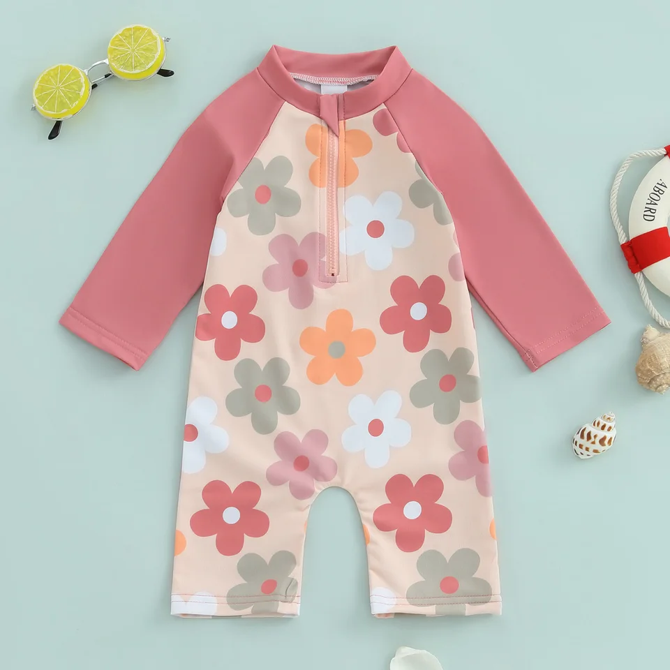 MISOWMNOY Summer Dlhé rukávy Deti plavky pre chlapca dievča Rash Guard Sviežy kvetinové/stromové tlač zips na plavky