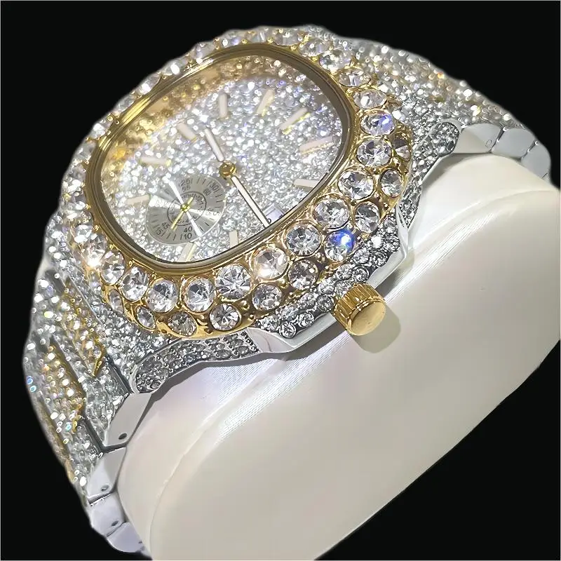 Missfox Luxury Pánske zlaté hodinky Automatický dátum módne vodotesné hodiny hip hop plné ľadové diamantové kremeň zápästie Watch Man Reloj