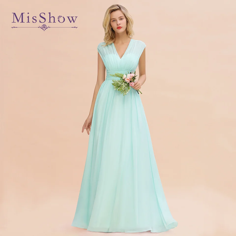 Misshow Mint Green Long Bridesmaid Dresses 2022 Nový V krk skladal líniu šifónových plesových županov Vestidos elegantes para mjer