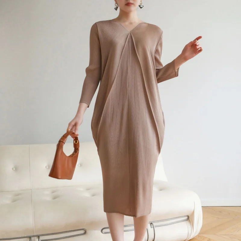 Miyake Skladané dopravné top ženy 2024 High -end Fashion Výklenok Sense, Trendy Style Dlhé šaty