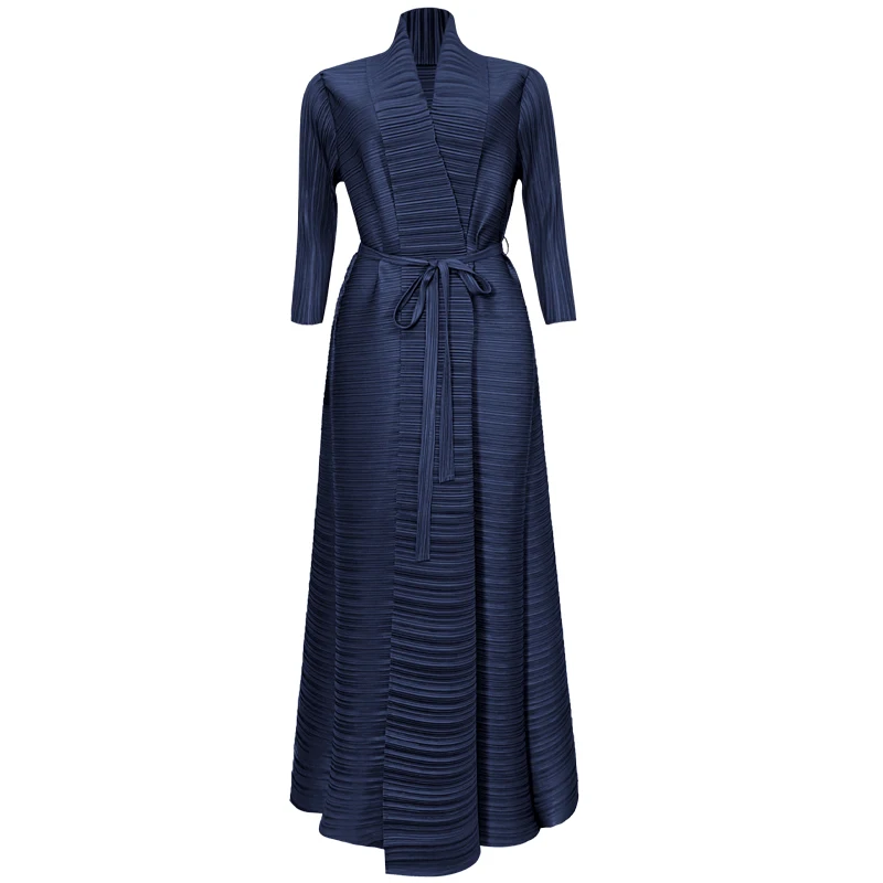 Miyake skladaný s dlhým rukávom Mardiganové kabáty Ženy Originálny dizajnér Abaya módny pás sashes elegantné estetické oblečenie
