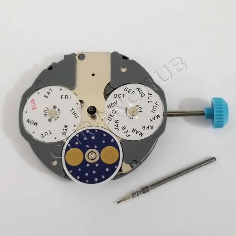 Miyota 6p80 Quartz Výška pohybu: 3,85 mm 4 ruky 1 oči (mesiac) / 2 disky (deň / mesiac)