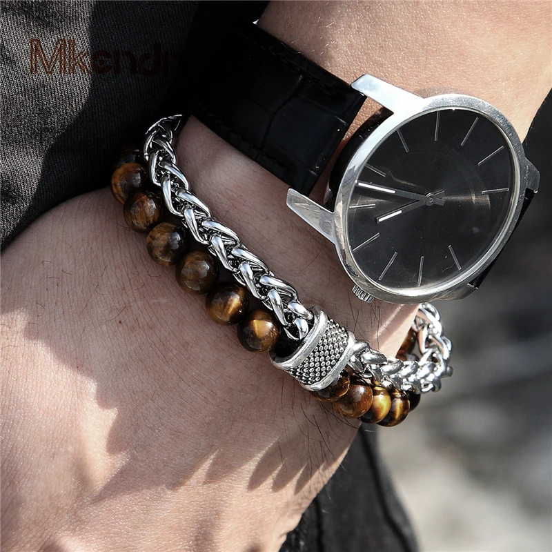 Mkendn Nový príchod z nehrdzavejúcej ocele Men Ženy Tiger Eyes BEAD Náramok Kubánsky reťazec mantra modlitba guľôčky Buddha náramok
