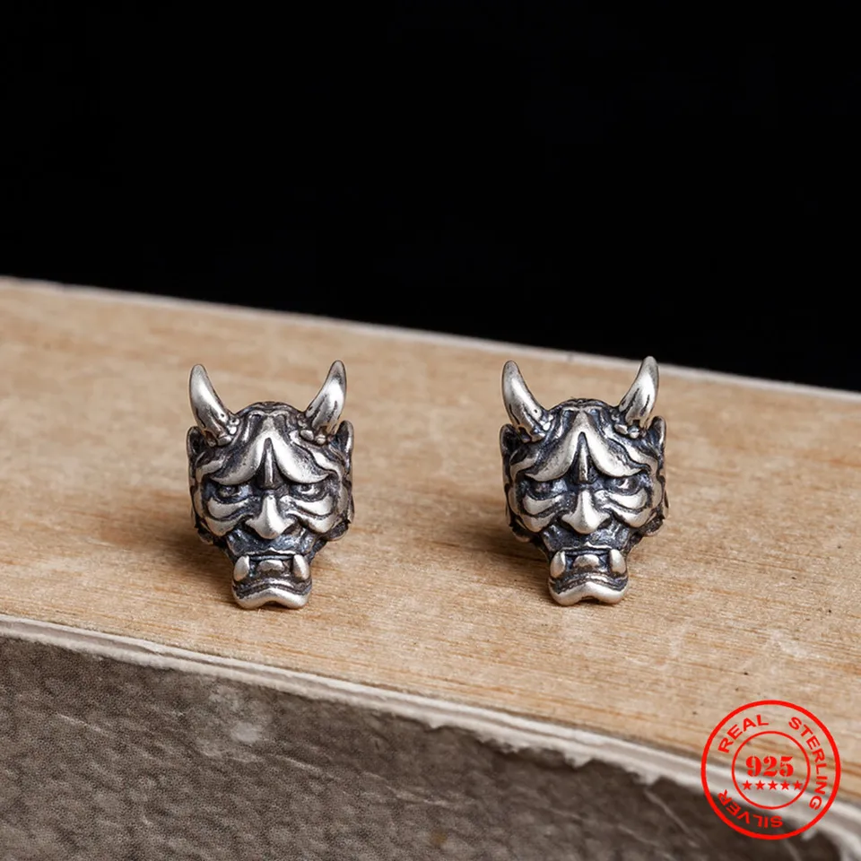 Mkendn Vintage Real 925 Sterling Silver Skeleton Prajna Stud náušnice pre mužov a ženy