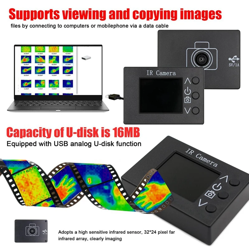 MLX90640 Infračervená teplota Sensor Simple Thermal Imager 1.8inch LCD Screen Screen Runcheld IR Termograf Plastic 1 Set