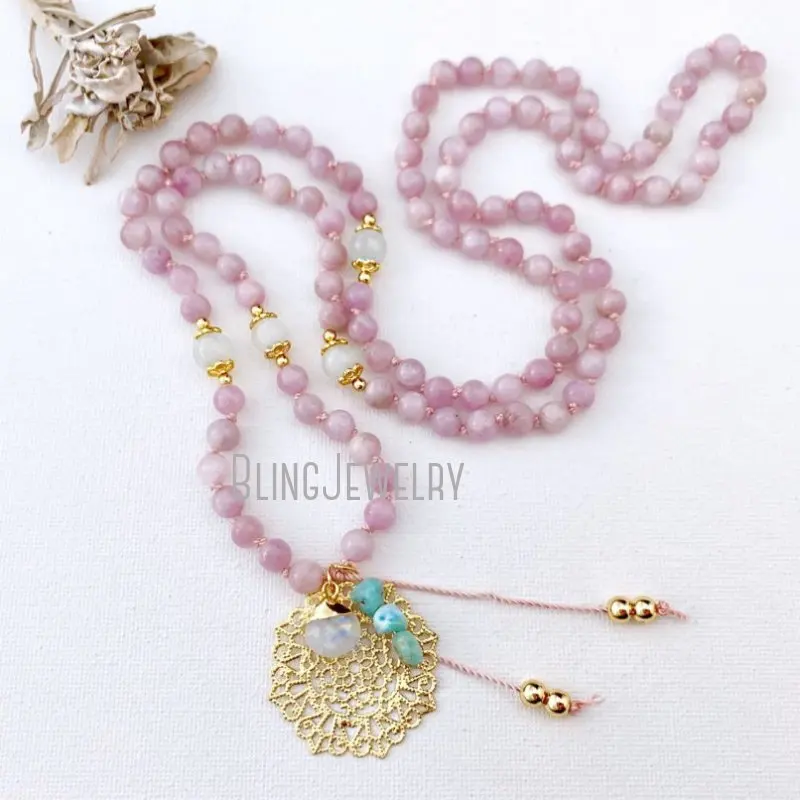 MN35009 Heart Chakra Kunzite Mala s Mandala Larimar Moonstone Guru Crystal HerkLace Healing Prayer BEADS