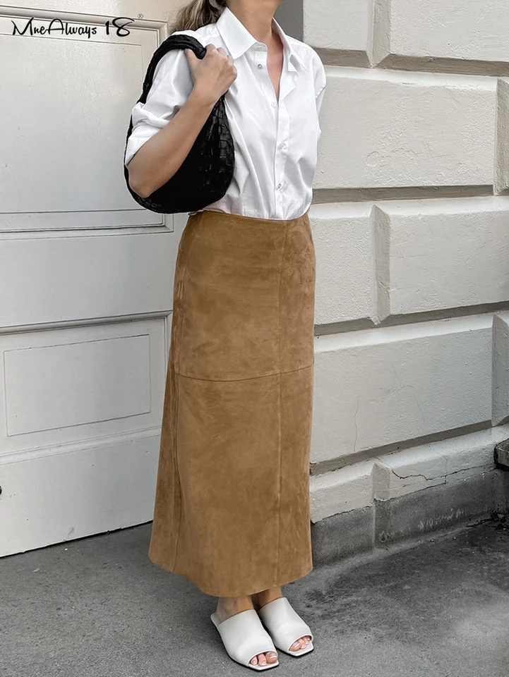 Mnealways18 Suede Vintage khaki sukne Ženy teplá jeseň zima 2024 Vysoký pás Sbydl