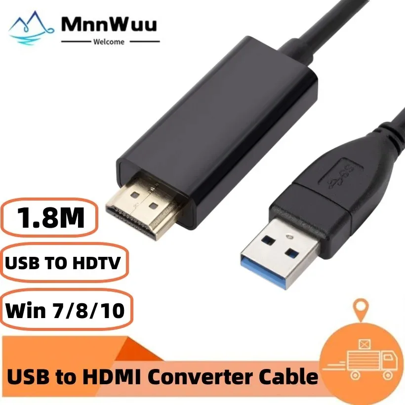MNNWUU 1080P HD Prenosný USB 2.0 až HDMI-kompatibilný zvukový video adaptér Prevodník kábla 1,8 m USB na HDTV pre Windows 7/8/10 PC