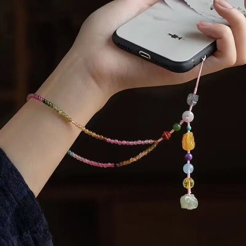 [Mnoho pokladov a požehnaní] Prírodná farba Honey vosk Hotan Jade Mobile Reťaz prívesok zápästie zápästia dámska starožitnosť