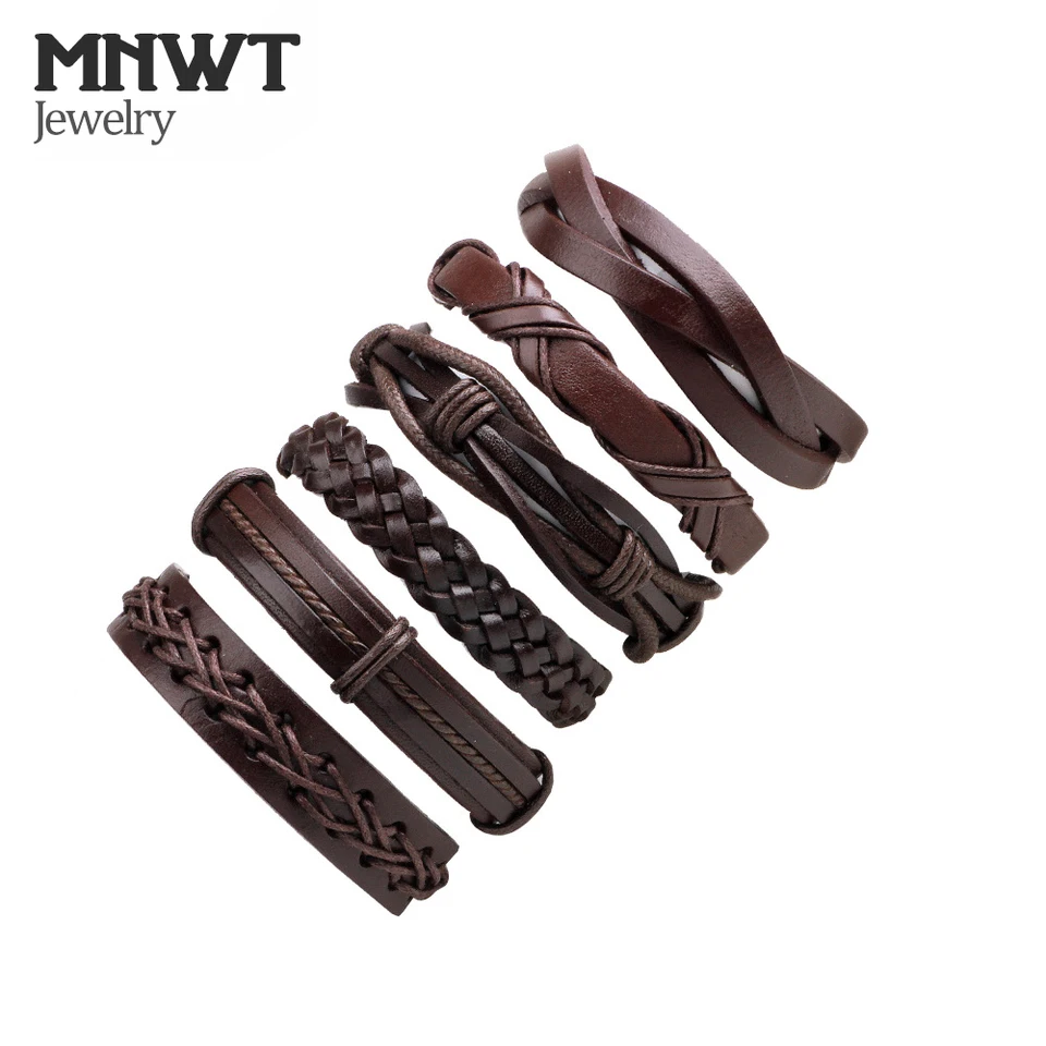 MNWT Fashion Vintage Kožený náramok ručne pletený viacvrstvový náramky 6ks/ set kožené lanové reťaze náramky Mužský darček