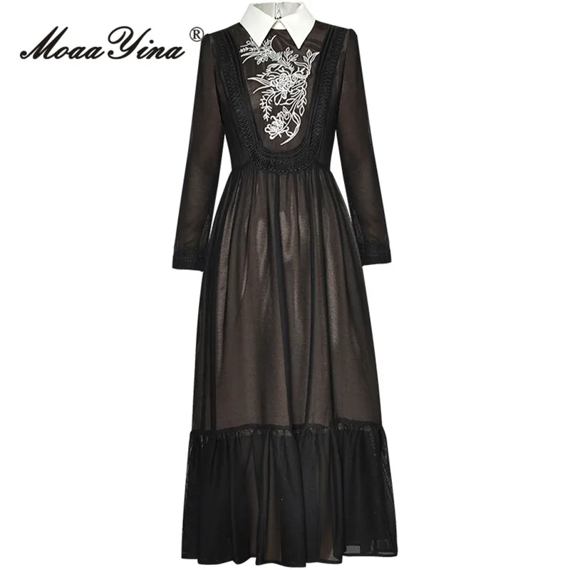 Moaayina Autumn Fashion Designer Black Vintage Šaty Ženy klopa s dlhým rukávom vyšíva