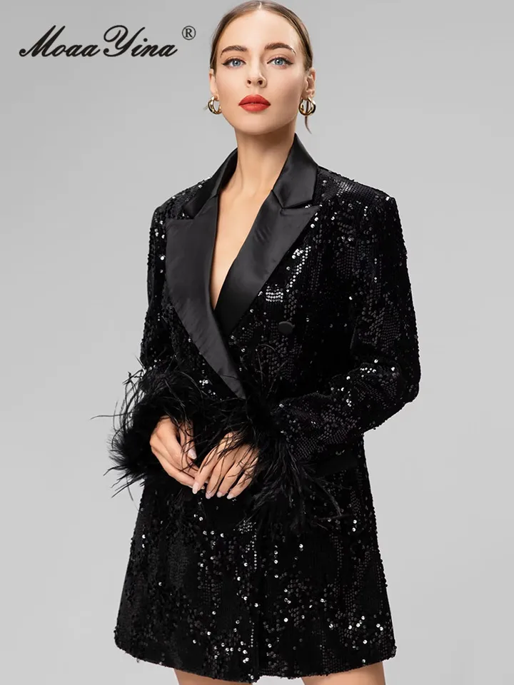 Moaayina Winter Fashion Návrhár Čierne vintage zmesi kabáty Ženy klopové flitre gombíky perie dutiny