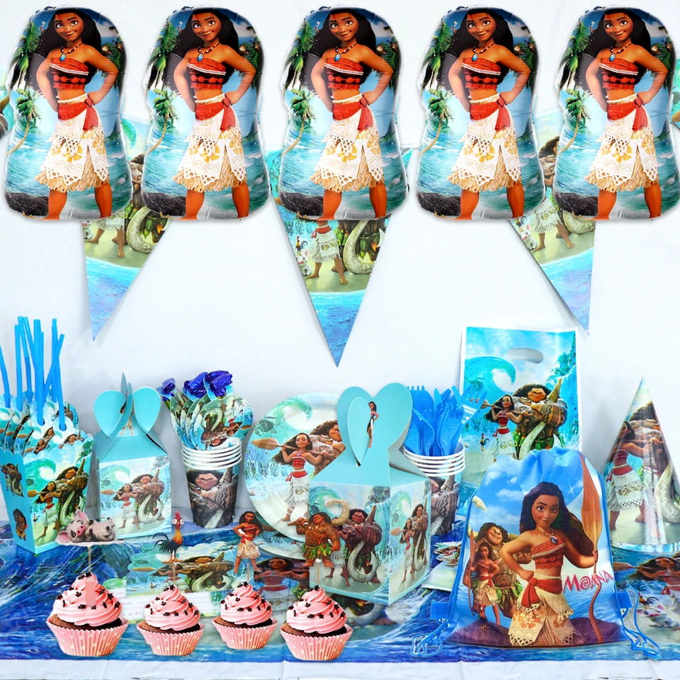 Moana princezná téma darčeky tašky Balóny Platy Slaws Cupcake Topper Šťastné narodeniny oslavou ostro