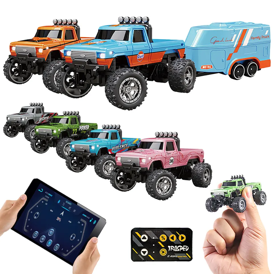 Mobilná aplikácia Riadenie 1:64 Kovová zliatina proporcionálne diaľkové ovládacie auto vianočný darček 2.4 GHz Mini RC Crawler Truck s prívesom