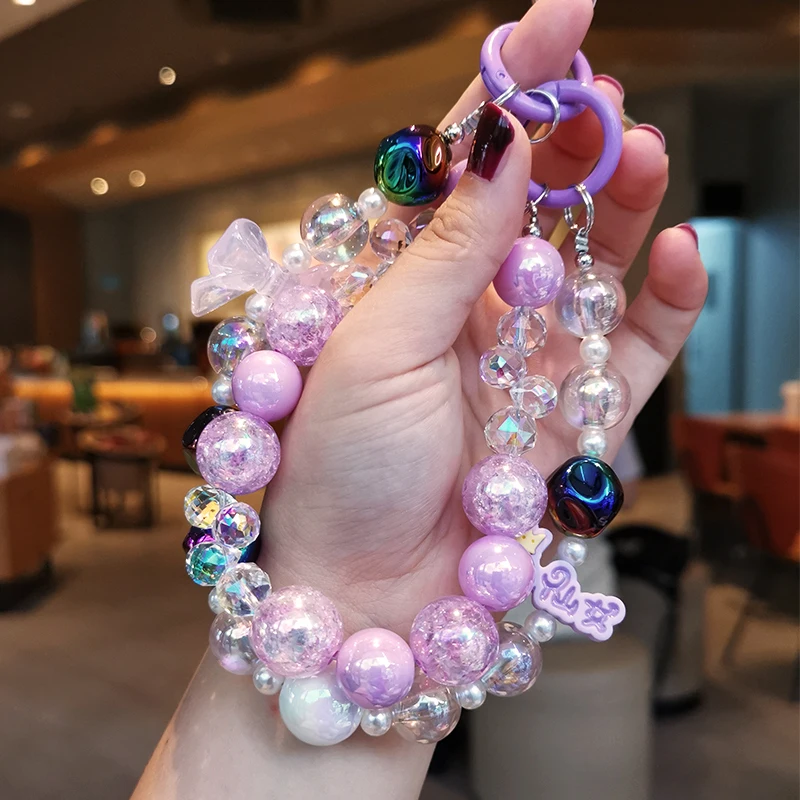 Mobilný telefón Lanyard Ženy víla krištáľové zápästie Crack Bead Dvojitý reťazec priehľadný korálkový šnúrka klipový štýl proti strate prívesku