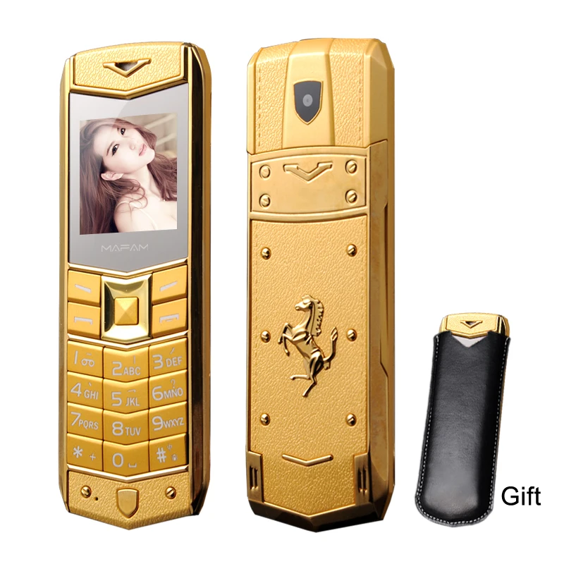 Mobilný telefón s kovovým telom Dual SIM A8 Ruský arabský španielsky francúzsky vibrácia Logo logo auta s koženým puzdrom zadarmo