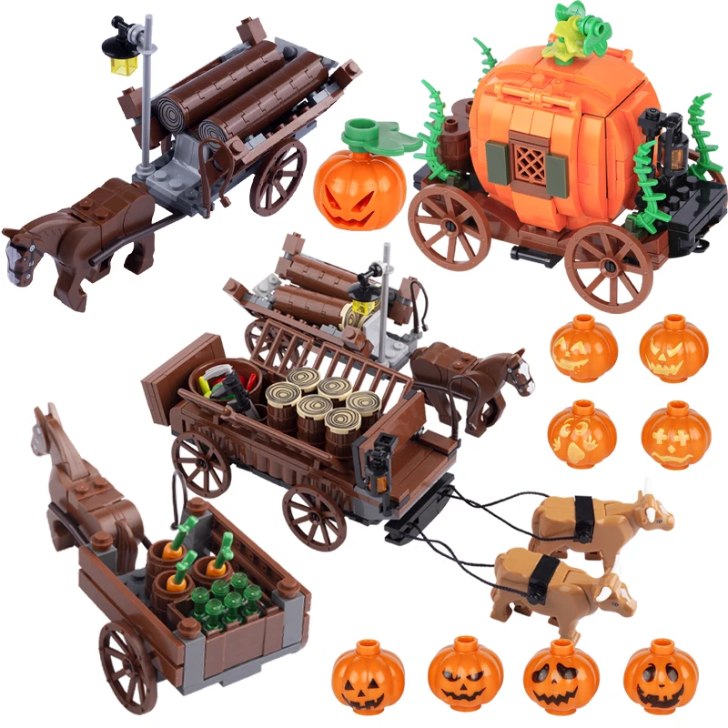 MOC 208ks Stredoveké halloweenské tekvicové stavebné bloky Karikatúra Horor Priateľ Zeginálny košík Skeleton Stredoveké tehly hračky