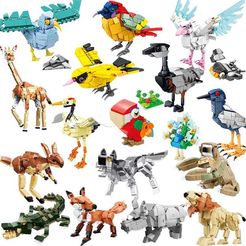 MOC City Creative Building Blocks Doplnky Zoo Rhino Lion Kangaroo Wolf Fox Fox Fox Bee Crow Peacock Mini tehlové darčeky X021