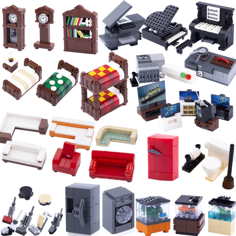 MOC City House Doplnky kreatívy Nábytok Stavebné súpravy Mini pohovka klavírne posteľ tehly Model DIY DEY HORKY DETI DETI