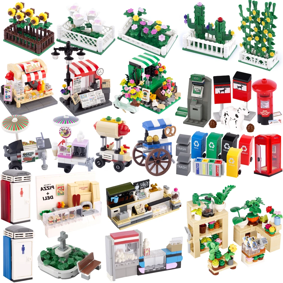 MOC City Steet View Pizza Cart Cap Coffee Shop Newsstans Stavel Blocks Kit Kit Park kvetina posteľ pizzerie odpadky plechovky plechovky hračky