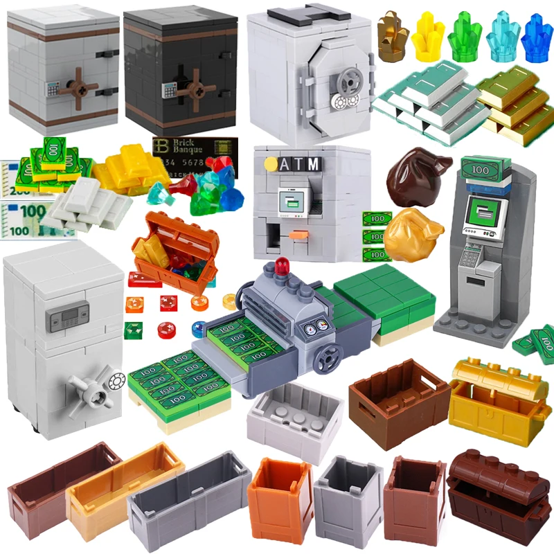 MOC stavebné bloky figúrky Príslušenstvo Cash Dollar Coin Model Model zlatý strieborný bar farebný diamantový pokladničný box séria série Coffer