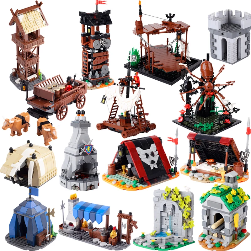 MOC Stredoveké vojenské série stavebné bloky Castle Army Roman Soldiers Campsite Pirát Pirát Raft Raft Bridge Bridge Hračky