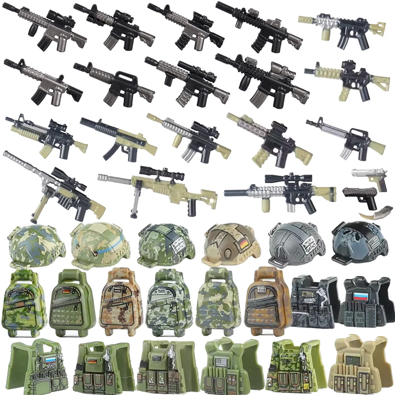 MOC Vojenské zbrane Stavebné bloky skupiny Špeciálne sily americkí vojaci laserová puška M16 prilba batoh vesty Swat Shield Brick Toy