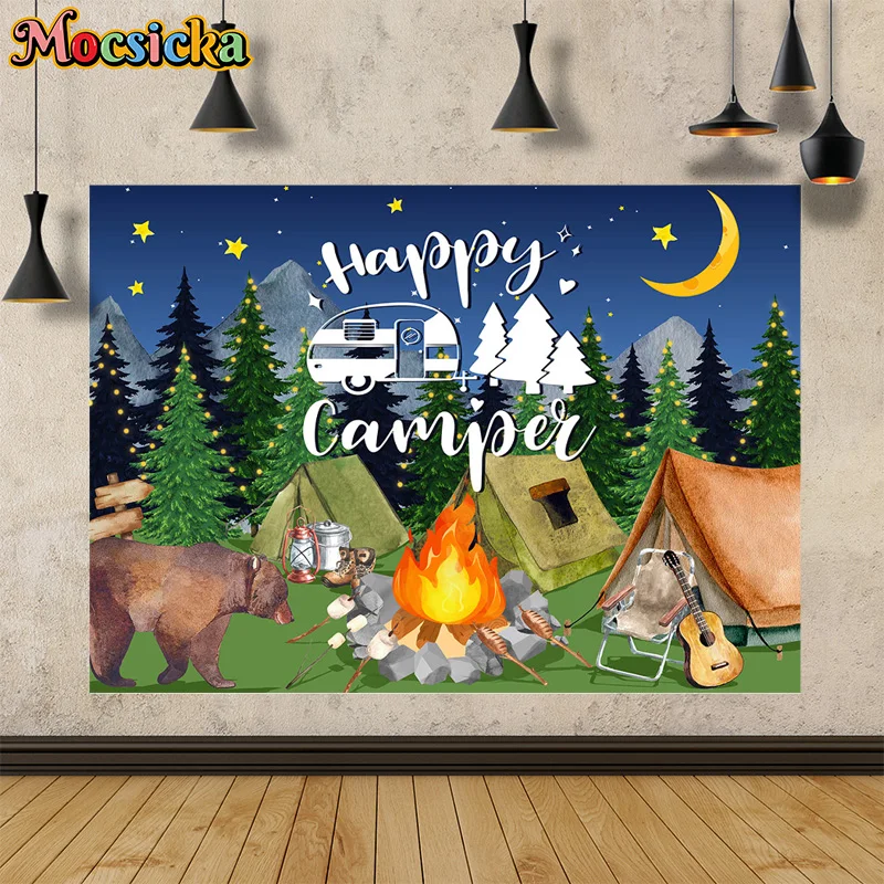 Mochisca Camping Happy Photography Pozadie nočný stan lesné pozadie Campfire Party Pozadie pozadia dospelých detí Banner Photo