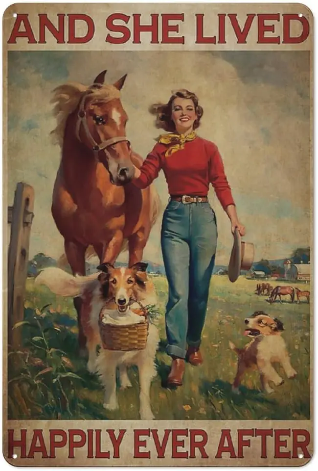Mocozim Metal Tin Retro Sign- Vintage Girl s koňmi a kovovými plagátmi, žila šťastne až po kovovom plagáte, Vintage