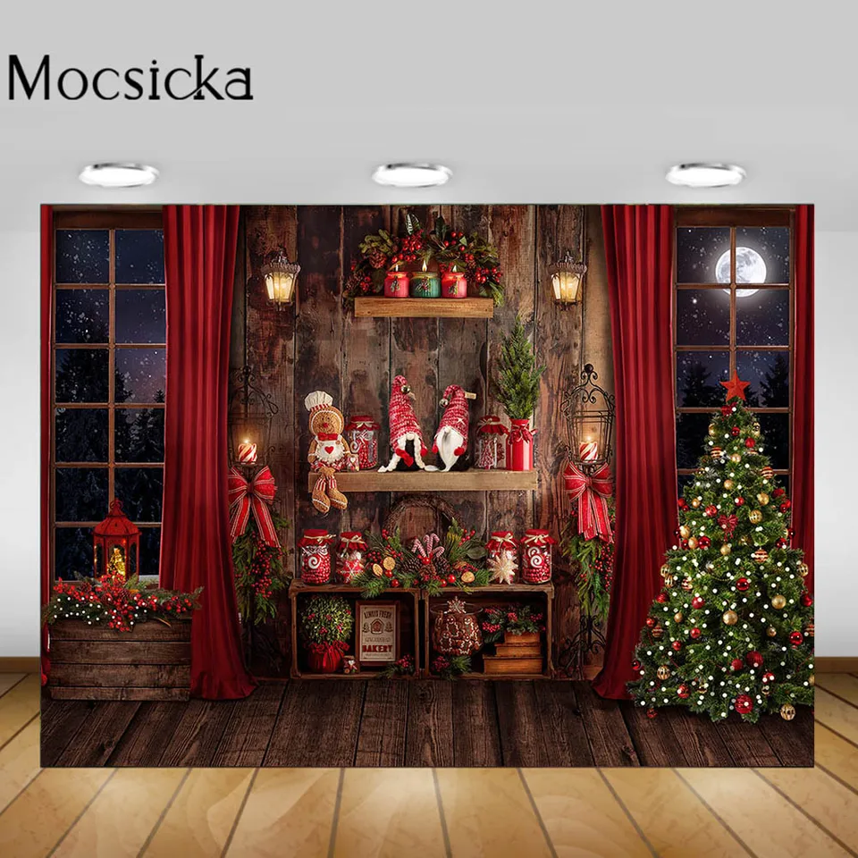 Mocsicka Drevená stena podlaha vianočné pozadie pre fotografické štúdio vianočný stromček Dolls Window Moon Moon Child Birthday Photo Pozadie