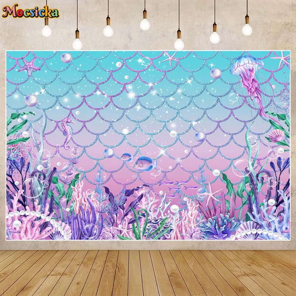 Mocsicka Mermaid Photography Pozadie pod morským morským riasom Girl Birthday Party Decor Cake Smash Backdrop Photo Studio Props