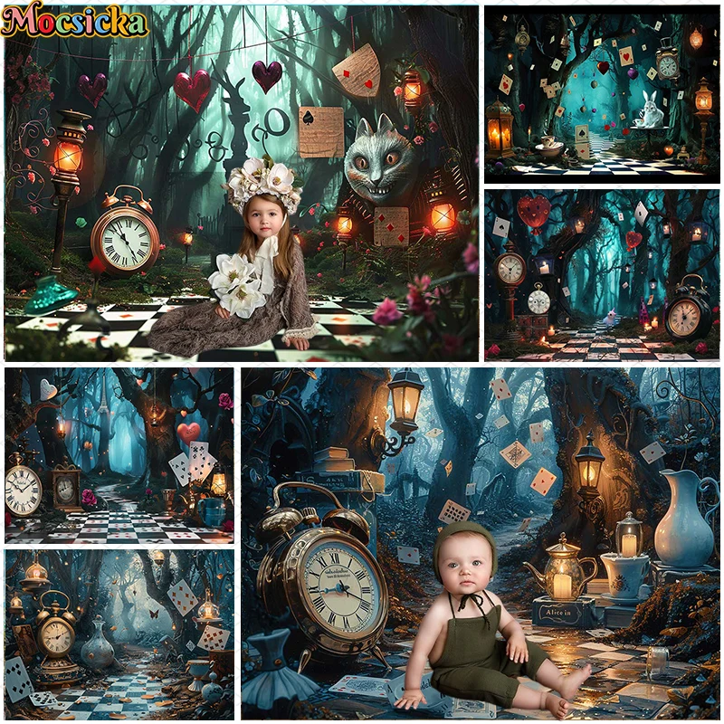 Mocsicka Photography Zázemie Fantasy Wonderland Forest Forest Hrací karta Decor Cake Smash Kids Birthday Party pozadie Photostudio