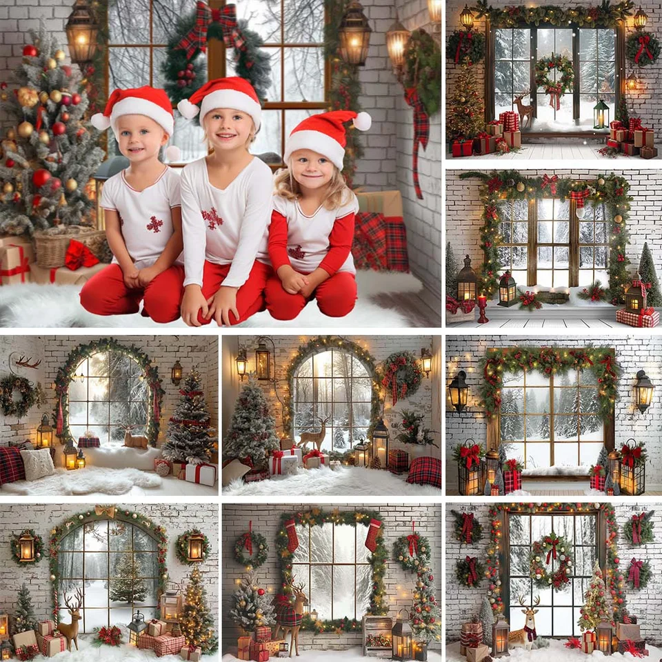 Mocsicka vianočné fotografie Pozadie Vianoce vianočný strom Elk Brick Wall Window Snow scéna rodinná portrét Photo pozadia rekvizity
