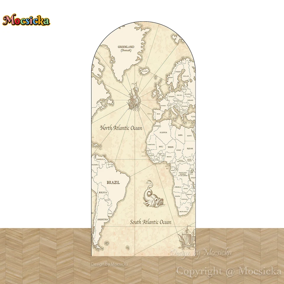 Mocsicka World Map Cover Cover Cover Coverdrop Boy Girl Birthday Adventure Téma Party Pozadie obojstranné vlastné Photobooth Studio Studio