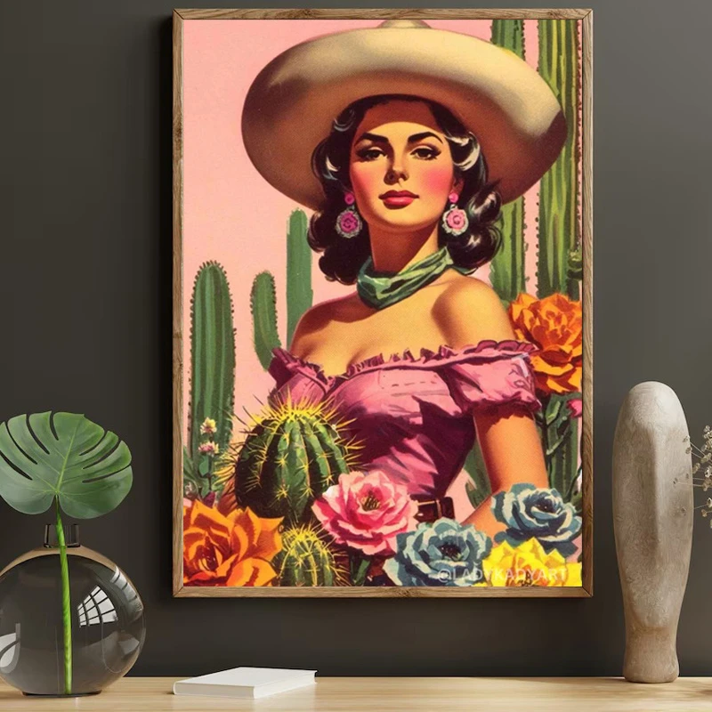 Moderná chica latina cowgirl portrét plátno výtlačky retro rastlinná kaktusová kvetina múr plagát pre obývaciu izbu Mexická domáca výzdoba