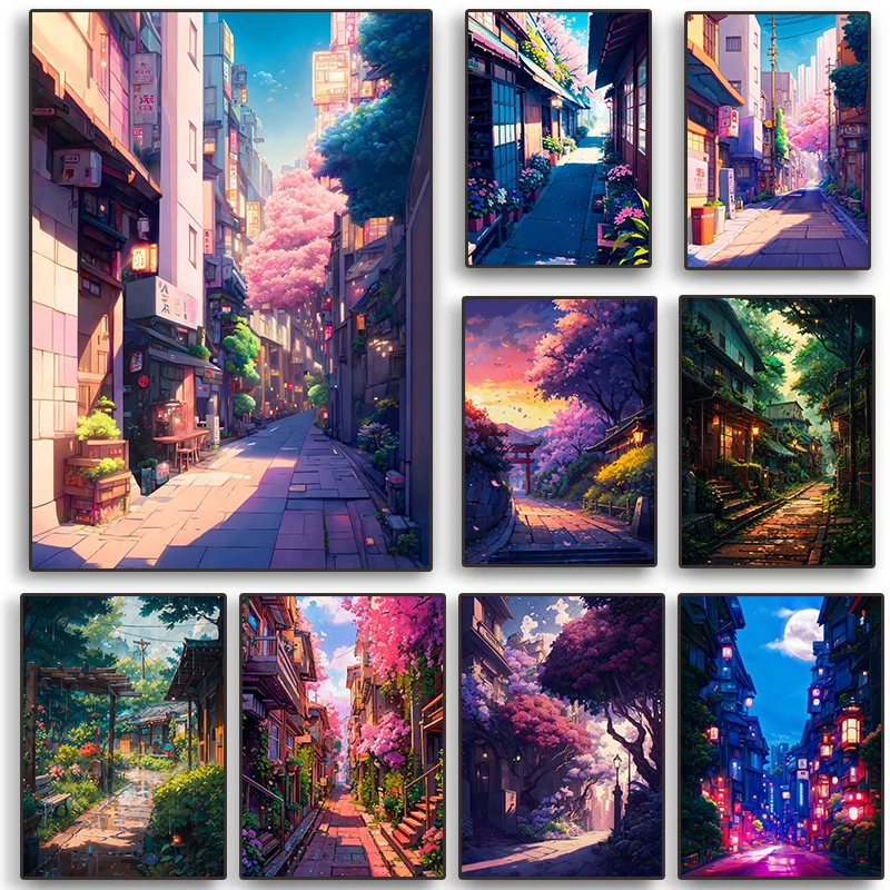 Moderná karikatúra Neon Art Anime Plaght Street v Japonsku v noci a po dažďovom plátne maľba maľba nástenná umelecká dekorácia