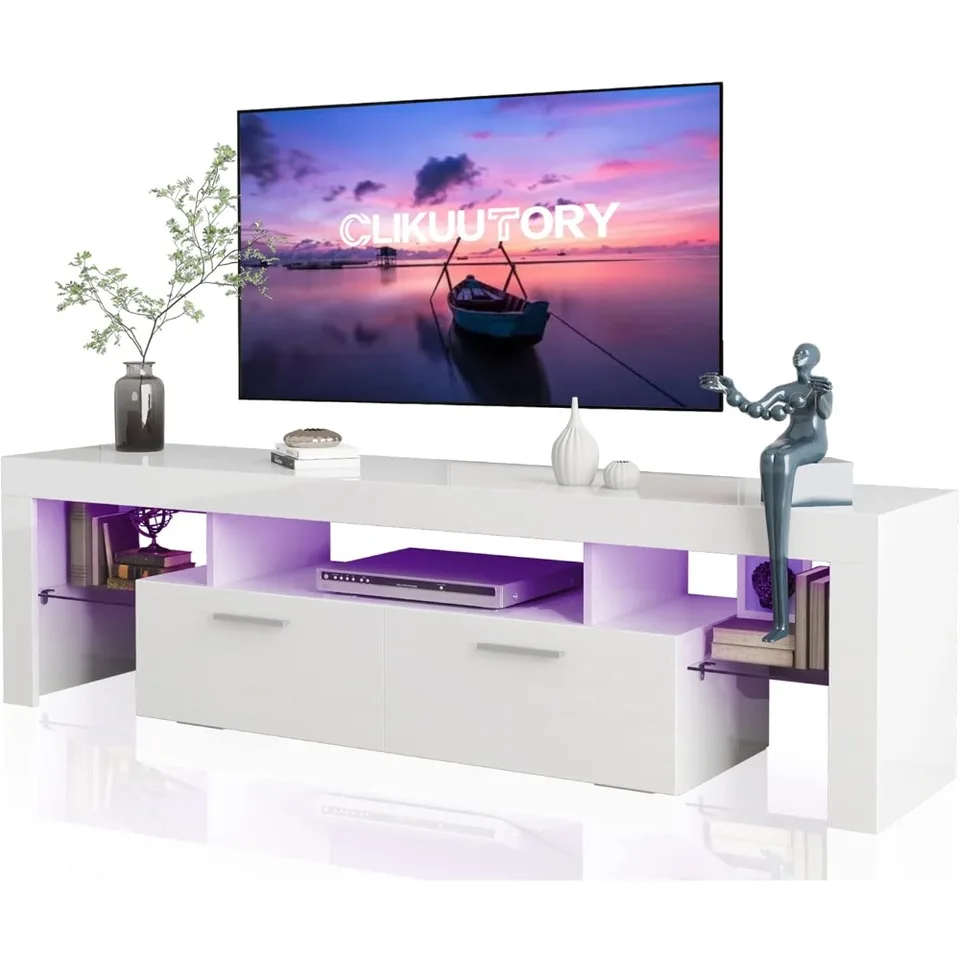 Moderná LED 63 -palcová televízna stojan s veľkou úložnou zásuvkou pre 50 55 60 65 70 75 palcových televízorov, televízna konzola s bielym drevom s vysokými GLOS