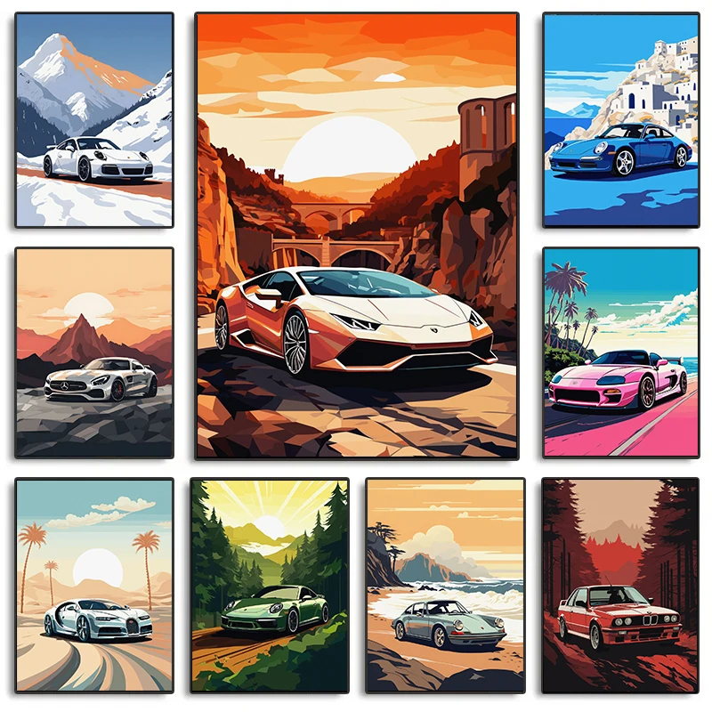 Moderná super Car Mountain Landscape Nature Secnery Ilustrácia plagát nástenné umelecké obrázky plátno maľba domovská kancelária dekor