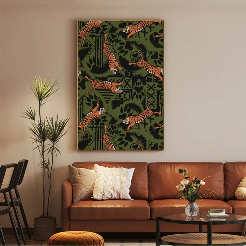Moderná zelená kreatívna tiger retro výklenok dekoratívne maľba maľba na stenu maľba zvislý závesný obraz