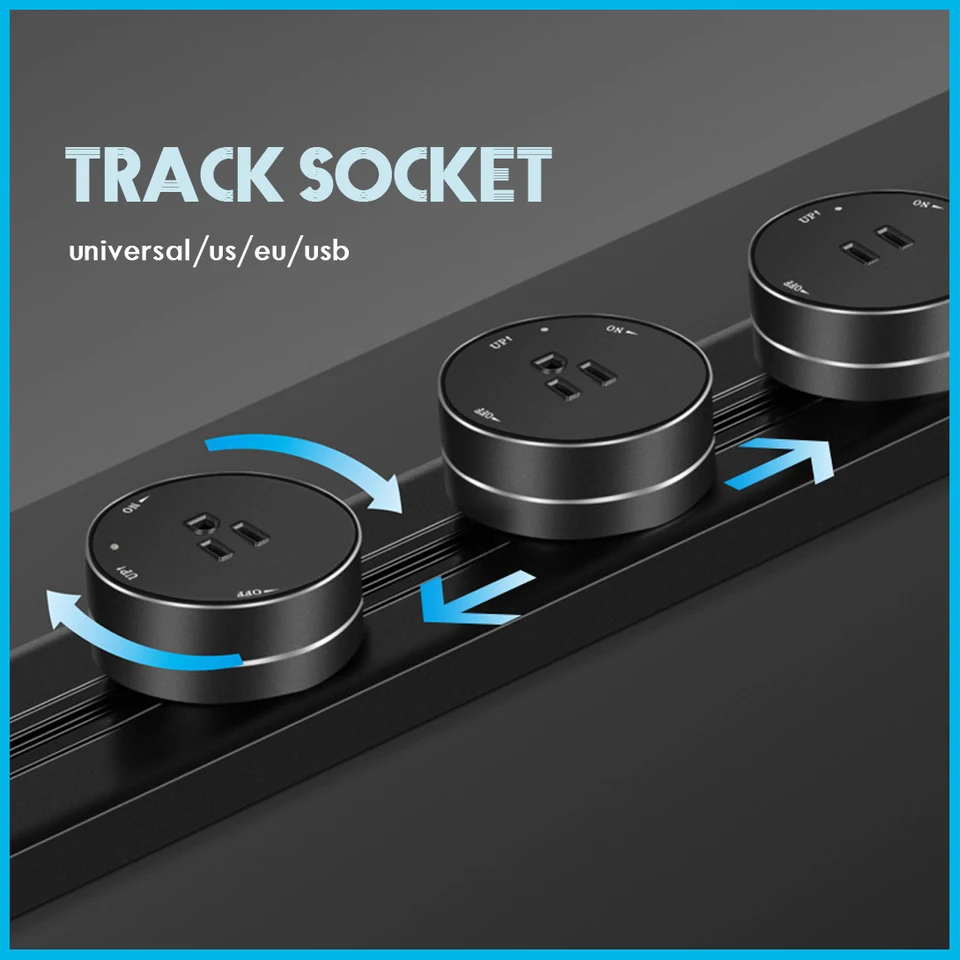 Moderná čierna trať Socket Rail Wall namontovaná hnuteľná zásuvka High End High End Home Appliance Power 8000W EÚ US UK Štandardné USB C porty