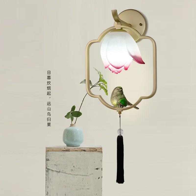 Moderná čínska nástenná lampa Zen Lotus nočná lampa Kreačný čínsky štýl koridor obývacia izba balkón Spálňa vtáčie nástenné svetlá