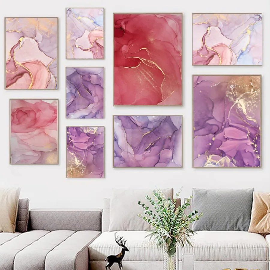 Moderné abstraktné krásne farebné zlaté okvetné lístky atrament maľba maľba ružovej fialovej steny Art výtlačky Plagáty domáci výzdoba Obrázok