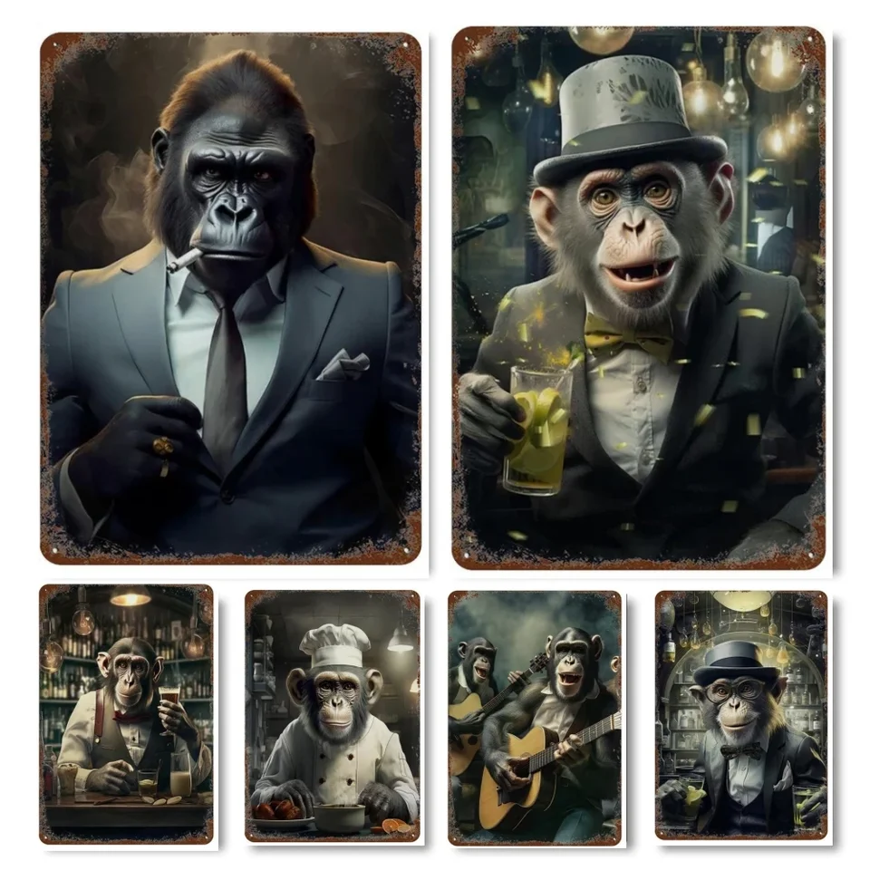 Moderné abstraktné zvieratá Kovové značky nástenné umenie plagát výtlačky gorilla opica Nordic estetics cínový znak obrázok pre miestnosť