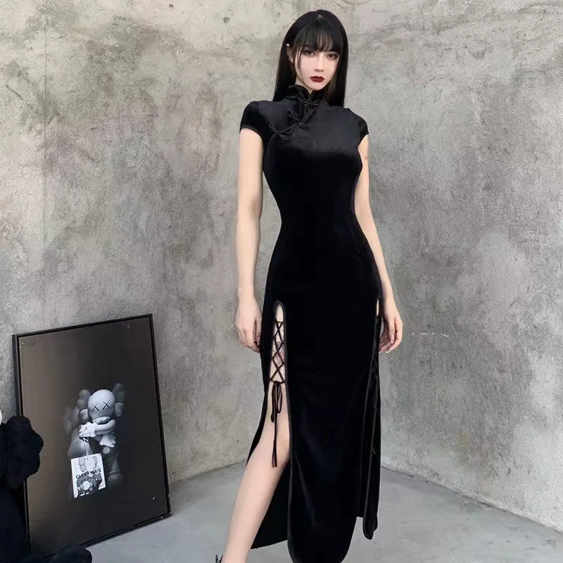 Moderné cheongsam čínske šaty Qipao Dark Gothic Style Sexy štrbina čierne vintage orientálne šaty pre ženy tanečný výkon