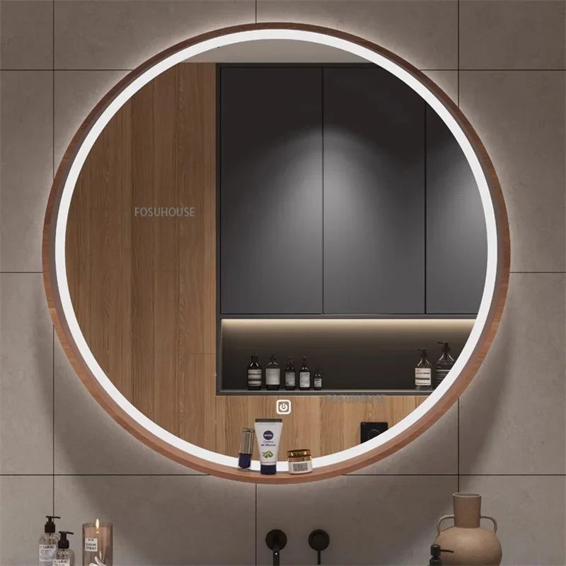 Moderné inteligentné kúpeľňové zrkadlo masívne drevené okrúhle stena namontované zrkadlo s poličkou make -up make -up zrkadlové domáce toaletné okrúhle zrkadlá z