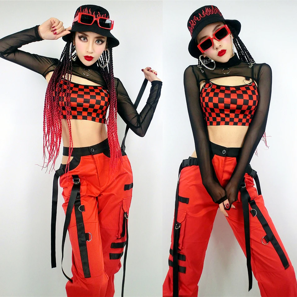 Moderné jazzové tanečné kostýmy Ženy Red Plaid Plaid Dutiny Dutiny Dospelé hip hop oblečenie módne gogo oblečenie DJ Show kostým