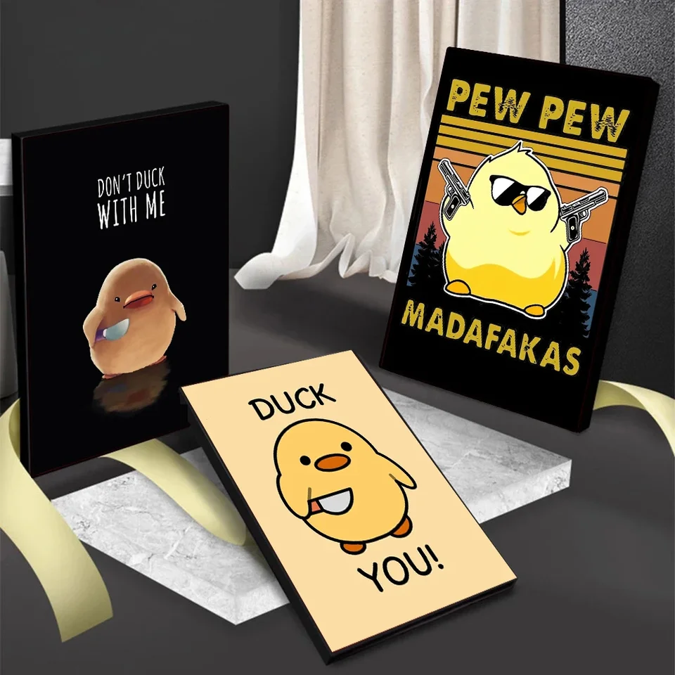 Moderné jednoduché kreslené nástenné umenie vtipné roztomilé žltá kačica s nožom Canvas Print Plagát domov detská izba materská škola dekorácia
