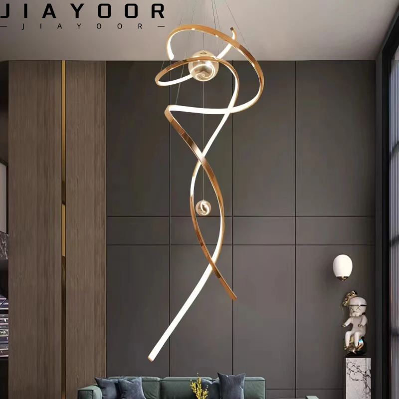 Moderné schodisko Rose Gold Lustrie hosťovská hala šéf luster Indoor Villa Rotujúca zavesená čierna luster Doprava zdarma